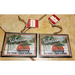 New HOLIDAY TIME Set of 2 Ornaments Tin Vintage Look - Red Truck Welcome 5.75"